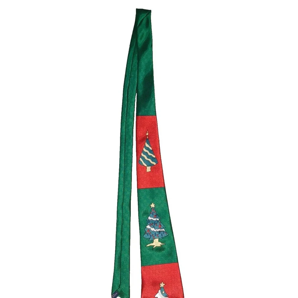 Keith Daniels Christmas Tie Mens Green Red Shiny Christmas Trees Holiday Silk